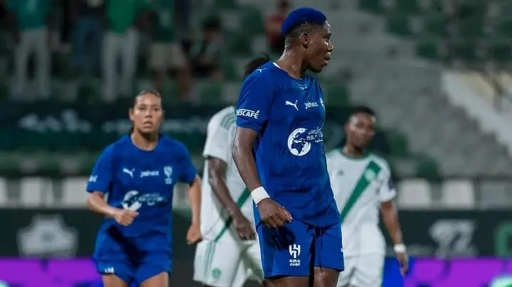 Oshoala celebrates scoring for Al-Hilal in Saudi Women’s Premier League