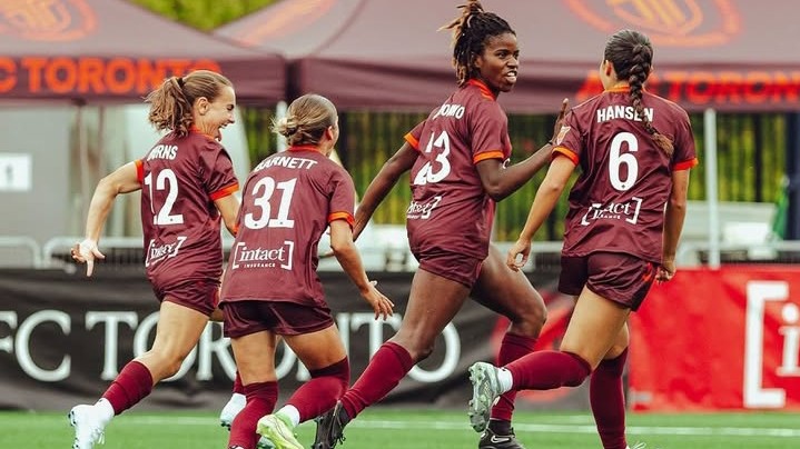 Esther Okoronkwo celebrates AFC Toronto goal vs Vancouver Rise
