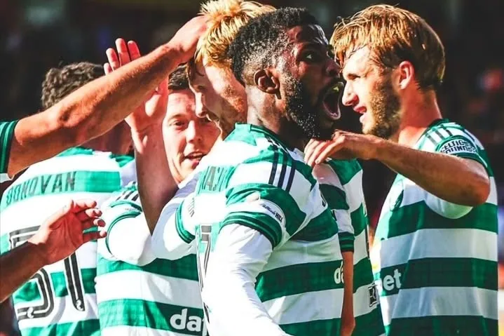 Kelechi Iheanacho celebrates scoring on his Celtic debut