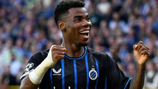 Raphael Onyedika celebrates goal for Club Brugge vs Monaco