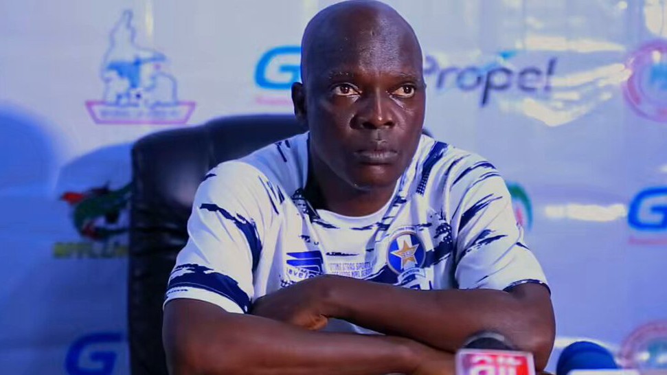 Shooting Stars coach Nurudeen Aweroro reacts after Rivers United loss