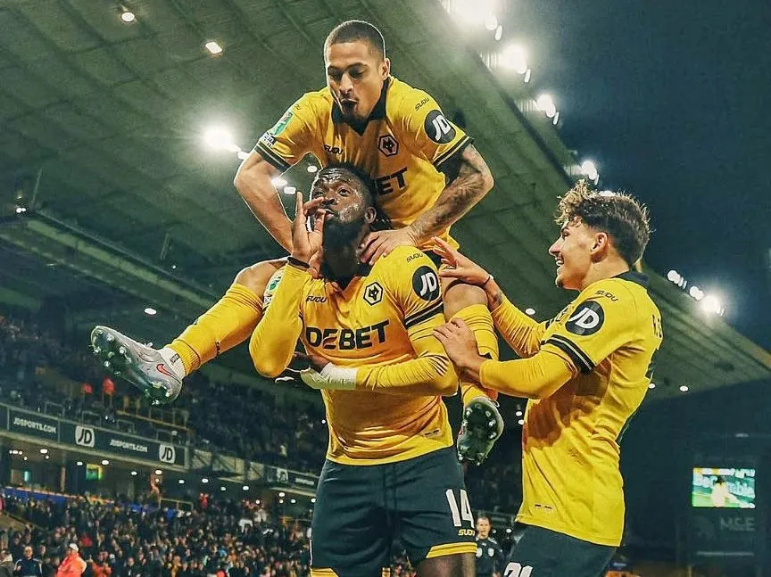 Super Eagles striker Tolu Arokodare celebrates Wolves goal