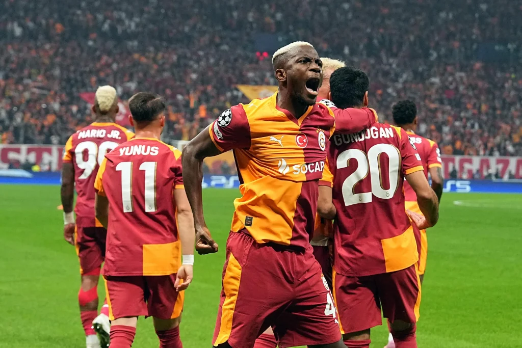 Victor Osimhen celebrating his first Champions League goal for Galatasary
