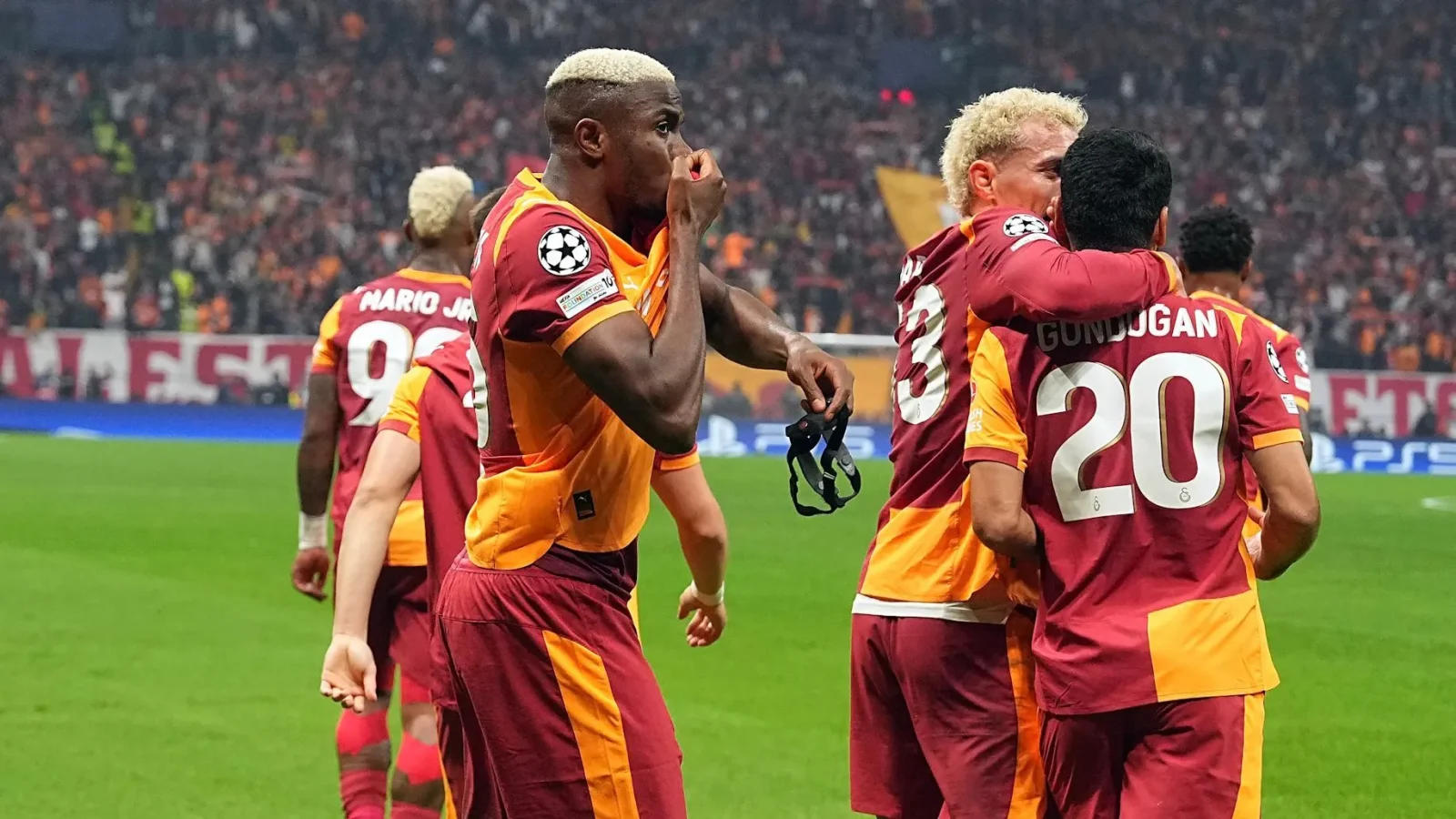 Victor Osimhen celebrating Galatasaray Champions League goal vs Liverpool