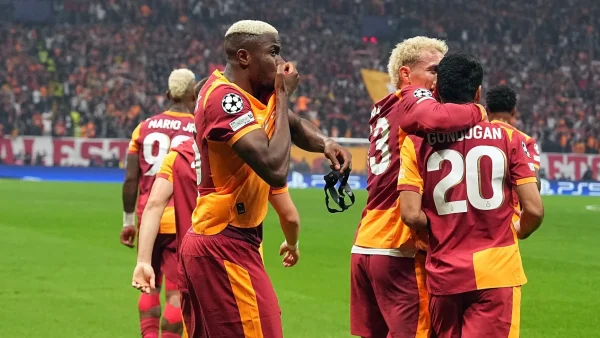 Victor Osimhen celebrating Galatasaray Champions League goal vs Liverpool