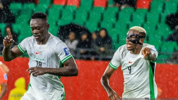 Akor Adams celebrating goal for Nigeria vs Gabon in Morocco