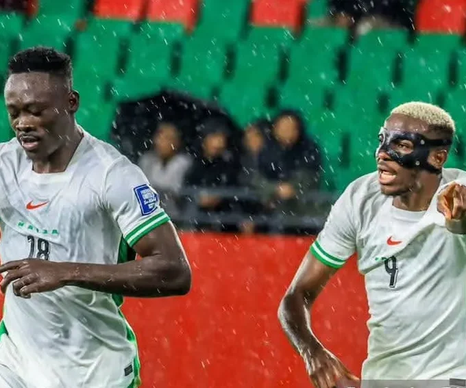 Akor Adams celebrating goal for Nigeria vs Gabon in Morocco