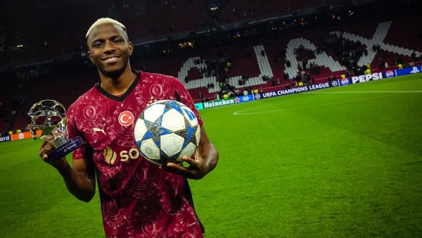 Victor Osimhen celebrating Champions League hat-trick