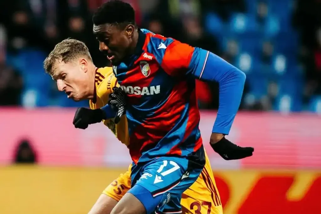 Rafiu Durosinmi celebrates Viktoria Plzen goal while awaiting Super Eagles call
